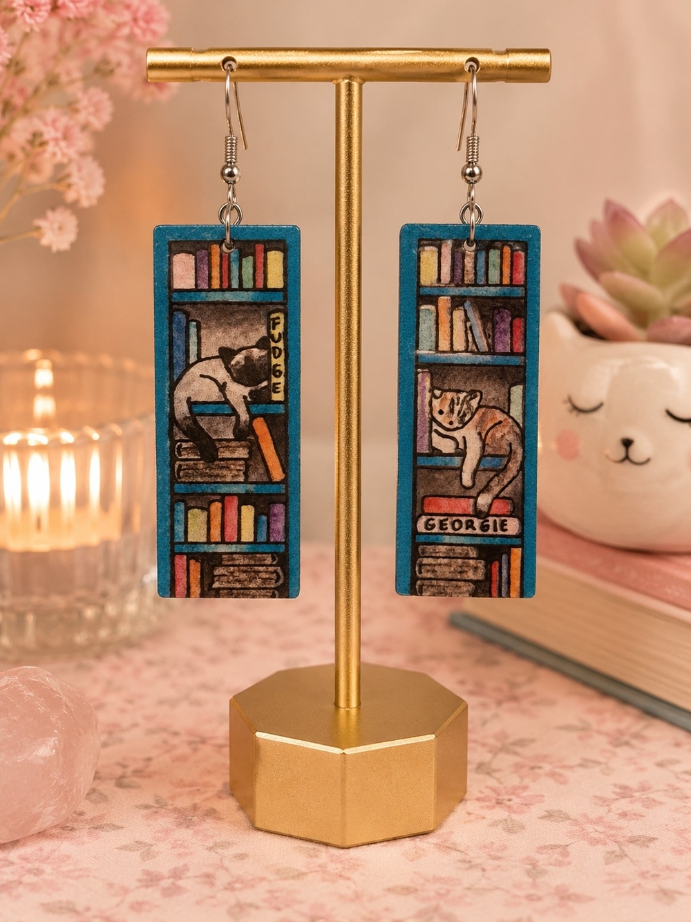 Cat Bookshelf Lightweight Wood Dangle Earrings New